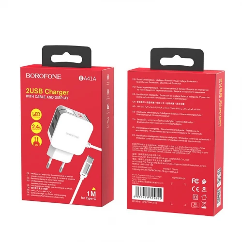 МЗП 2Port Borofone BA41A 2USB 2.4A USB to Type-C Power Lake with LED Display