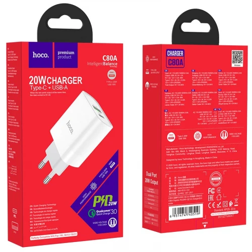 МЗП 2Port Hoco C80A USB+USB-C QC 3.0 PD 20W