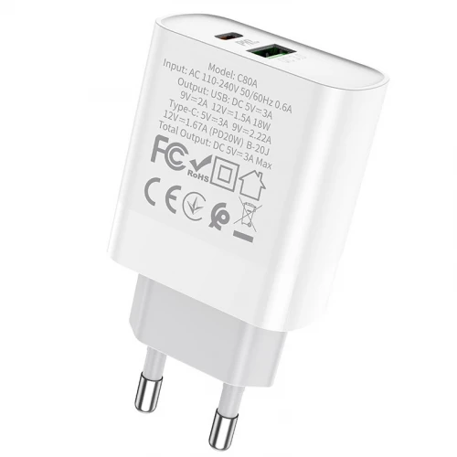 МЗП 2Port Hoco C80A USB+USB-C QC 3.0 PD 20W