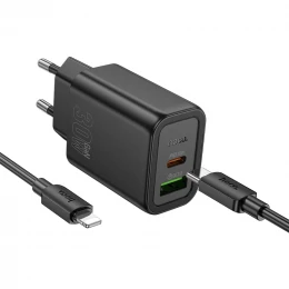 МЗП 2Port Hoco N63 Gentle USB+USB-C QC 3.0 PD 30W Type-C to Lightning